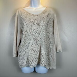 Multiples Crochet Lace Top Womens XL Beige Cotton Cottagecore Lagenlook Boho